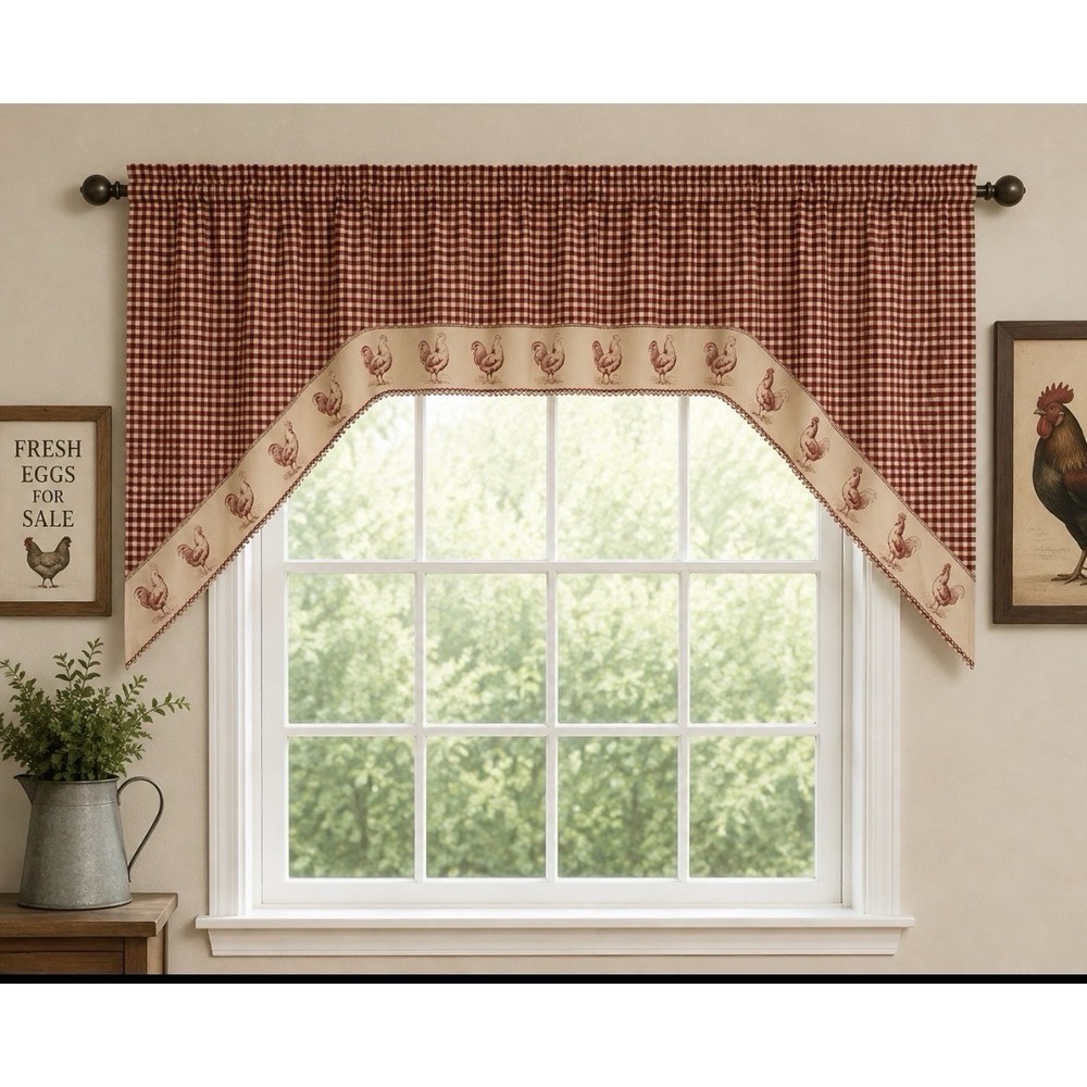 Checkered Gingham Country Rooster Rod Valance Red 56"x 32" New